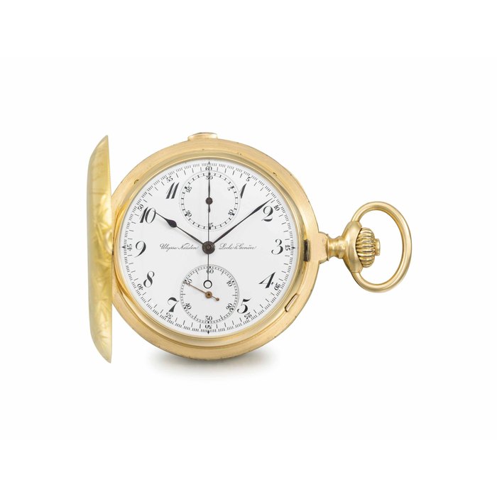 Ulysse Nardin. An 18K gold hunter case keyless lever chronograph watch with guillaume balance SIGNED ULYSSE NARDIN, LOCLE, GRANDS PRIX PARIS, MOVEMENT NO. 13'843, CASE NO. 9693, MANUFACTURED IN 1935