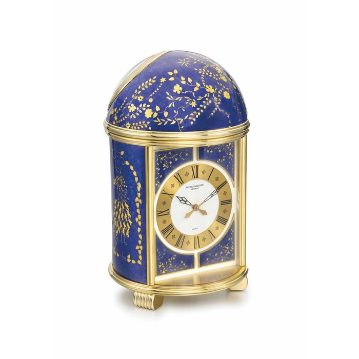 Patek Philippe. A very fine and unique gilt brass and pailloné enamel solar clock SIGNED PATEK PHILIPPE, GENEVE, REF. 1359, MOVEMENT NO. 21'802, CASE NO. 1'804'528, MANUFACTURED IN 1993