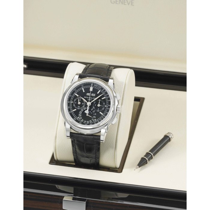 Patek Philippe. A fine, large and rare platinum perpetual calendar chronograph wristwatch with moon phases, additional case back and original Certificate SIGNED PATEK PHILIPPE, GENEVE, REF. 5970, MOVEMENT NO. 3'932'164, CASE NO. 4'509'729, CIRCA 2009