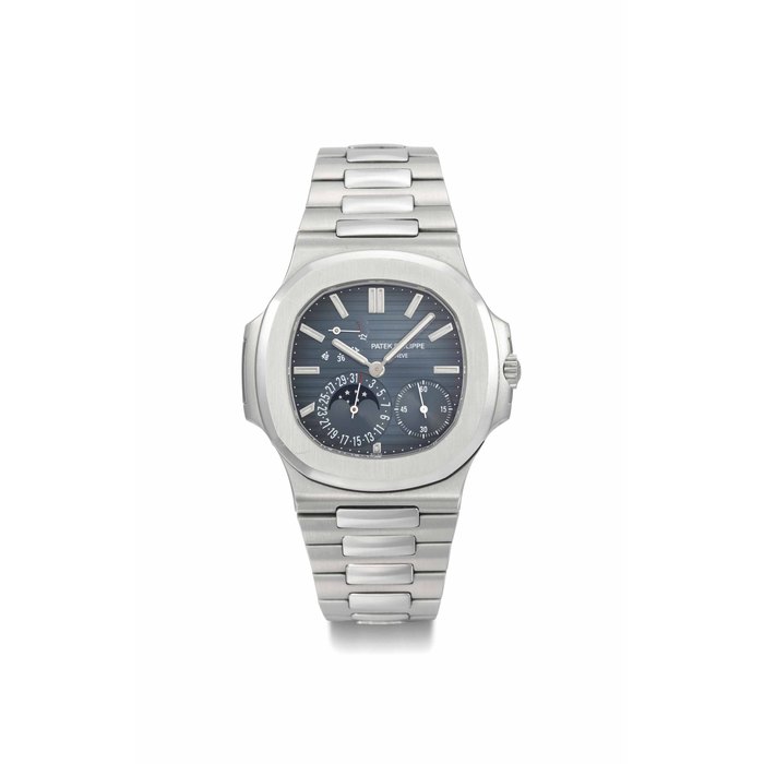 Patek Philippe. A fine stainless steel automatic wristwatch with date, power reserve, moon phases, bracelet, original certificate and box SIGNED PATEK PHILIPPE, GENEVE, NAUTILUS MODEL, REF. 5712/1A, MOVEMENT NO. 3'173'082, CASE NO. 4'375'827, MANUFACTURED IN 2007