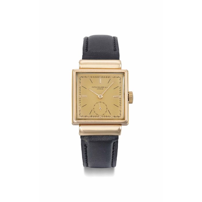 Patek Philippe. A fine and rare 18K pink gold square wristwatch with hooded lugs, sliding sides and pink dial SIGNED PATEK PHILIPPE & CO., GENÈVE, REF. 1486, MOVEMENT NO. 900'667, CASE NO. 624'703, MANUFACTURED IN 1941