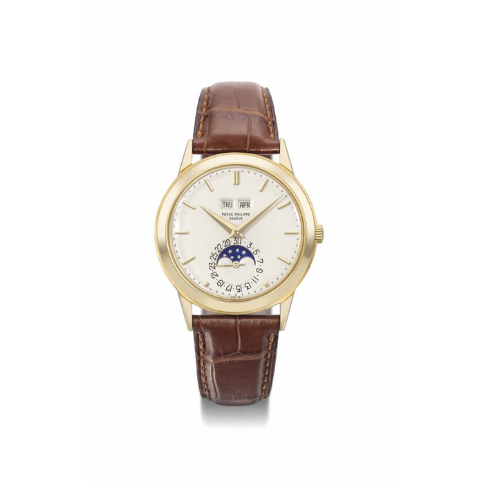 Patek Philippe. A very fine and rare 18K gold automatic perpetual calendar wristwatch with moon phases SIGNED PATEK PHILIPPE, GENÈVE, REF. 3448, MOVEMENT NO. 1'119'214, CASE NO. 328'488, MANUFACTURED IN 1972