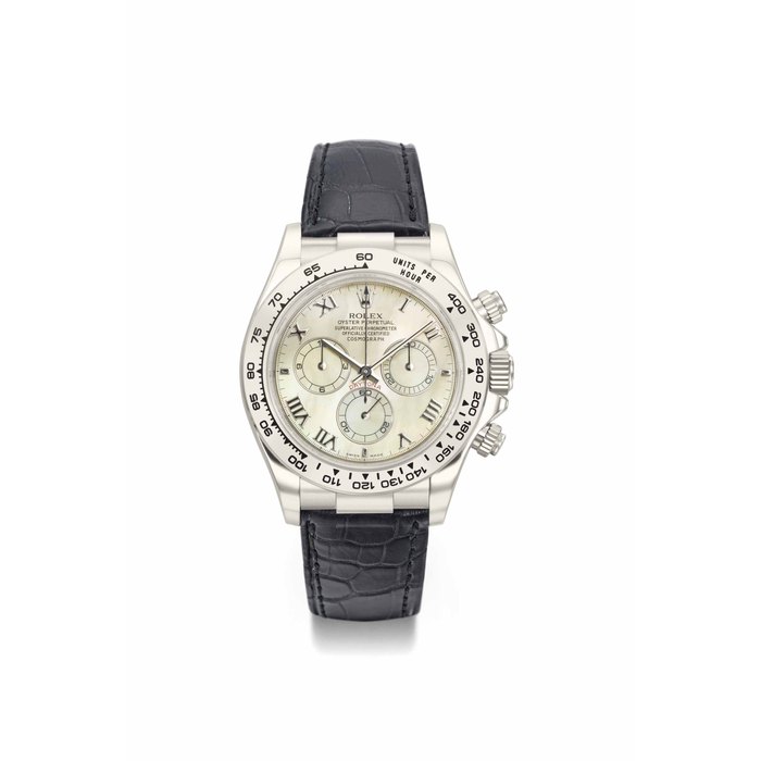 Rolex. A rare and attractive 18K white gold automatic chronograph wristwatch with mother-of-pearl dial, guarantee and box SIGNED ROLEX, OYSTER PERPETUAL, COSMOGRAPH, DAYTONA, REF. 116519, CASE NO. P486'239, CIRCA 2001