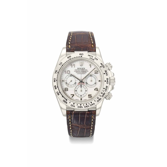 Rolex. A rare and attractive 18K white gold automatic chronograph wristwatch with mother-of-pearl dial, guarantee and box SIGNED ROLEX, OYSTER PERPETUAL, COSMOGRAPH, DAYTONA, REF. 16519, CASE NO. U786'447, CIRCA 1998