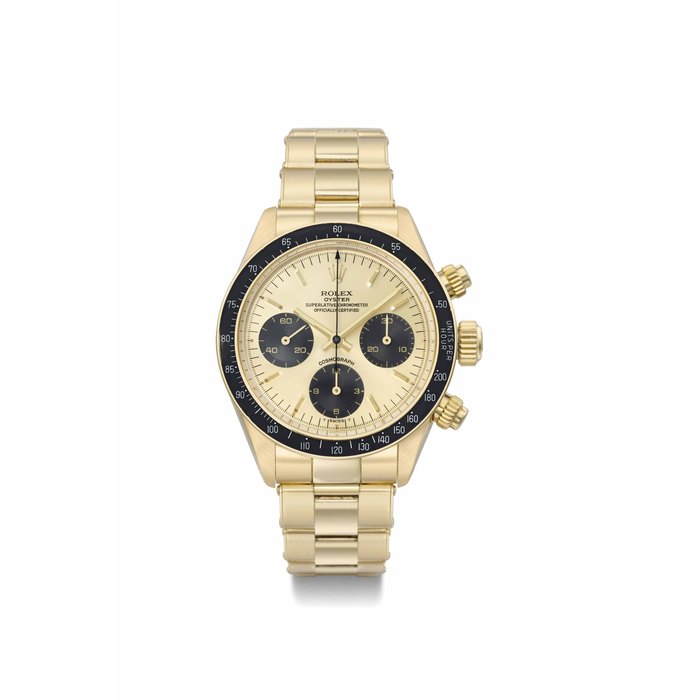 Rolex. A very fine and rare 18k gold chronograph wristwatch with bracelet, box and guarantee SIGNED ROLEX, OYSTER, SUPERLATIVE CHRONOMETER OFFICIALLY CERTIFIED, COSMOGRAPH, REF. 6263, CASE NO. 8'831'733, CIRCA 1986