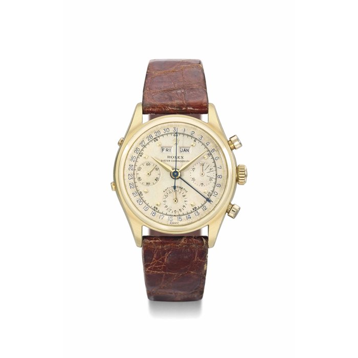 Rolex. A very fine and rare 18K gold triple calendar chronograph wristwatch SIGNED ROLEX, OYSTER CHRONOGRAPH, ANTI-MAGNETIC, REF. 6036, CASE NO. 847'156, CIRCA 1953