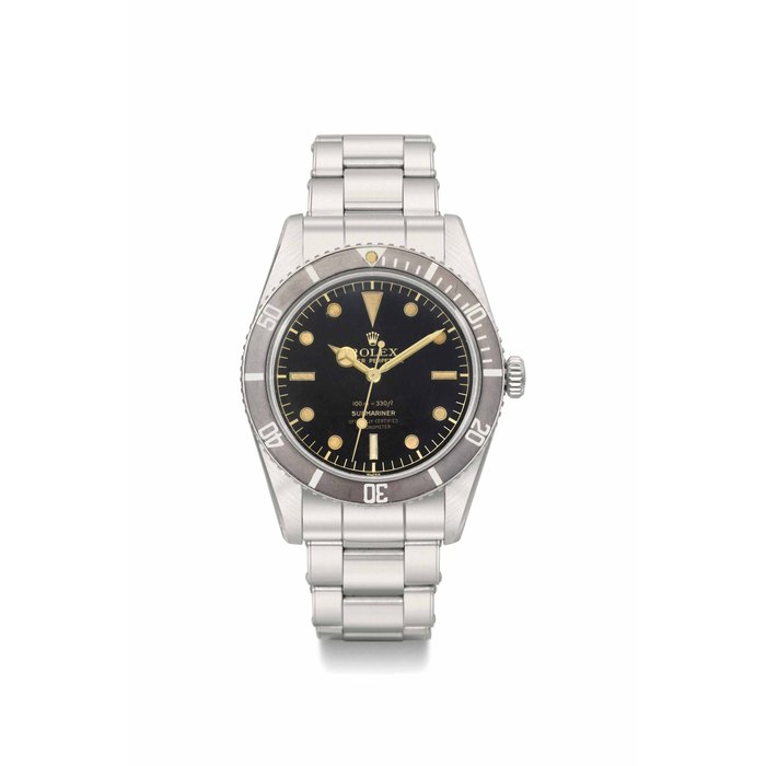 Rolex. An attractive and very rare stainless steel automatic wristwatch with sweep centre seconds, bracelet, dark brown-colored tropical four line dial and brown bezel SIGNED ROLEX, OYSTER PERPETUAL, 100M=330FT, SUBMARINER, OFFICIALLY CERTIFIED CHRONOMETER, REF. 6536-1, CASE NO. 30'308, CIRCA 1957