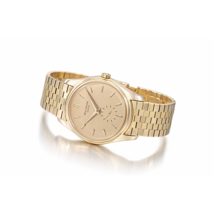 Patek Philippe. A fine and extremely rare 18K pink gold self-winding wristwatch with pink dial and bracelet SIGNED PATEK PHILIPPE, GENÈVE, REF. 2526, MOVEMENT NO. 761'887, CASE NO. 687'884, MANUFACTURED IN 1955