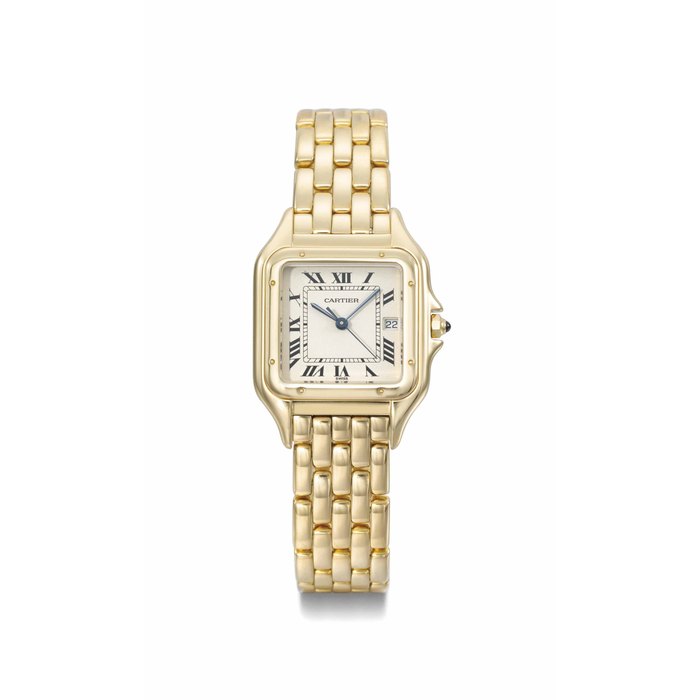 Cartier. An 18K gold wristwatch with centre seconds, date and bracelet SIGNED CARTIER, QUARTZ, PANTHÈRE MODEL, CIRCA 1986