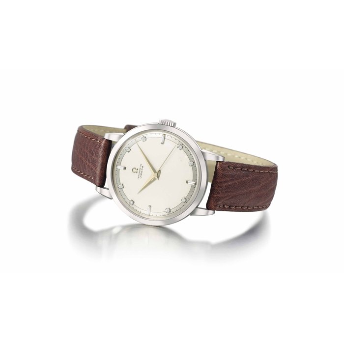 Omega. A very rare and attractive platinum and diamond-set wristwatch with sweep centre seconds SIGNED OMEGA, CHRONOMÈTRE, REF. PA 14.163, MOVEMENT NO. 10'661'408, CASE NO. 10'813'895, MANUFACTURED IN 1948