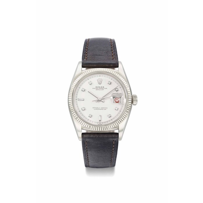 Rolex. An extremely rare and attractive 18K white gold and diamond-set automatic wristwatch with sweep centre seconds and date SIGNED ROLEX, OYSTER PERPETUAL DATEJUST, REF. 6305, CASE NO. 79'762, CIRCA 1950