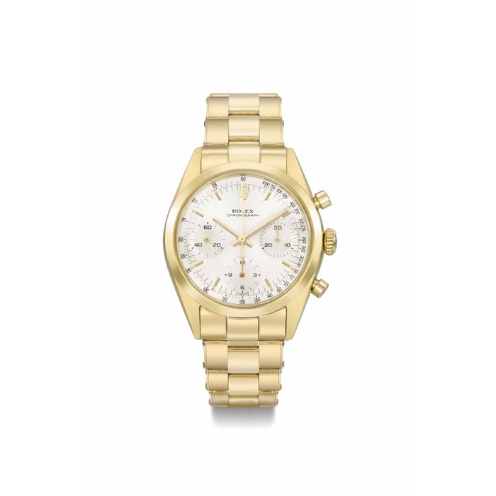 Rolex. A very fine and rare 18K gold chronograph wristwatch with bracelet SIGNED ROLEX, CHRONOGRAPH, REF. 6238, CASE NO. 1'422'431, CIRCA 1966