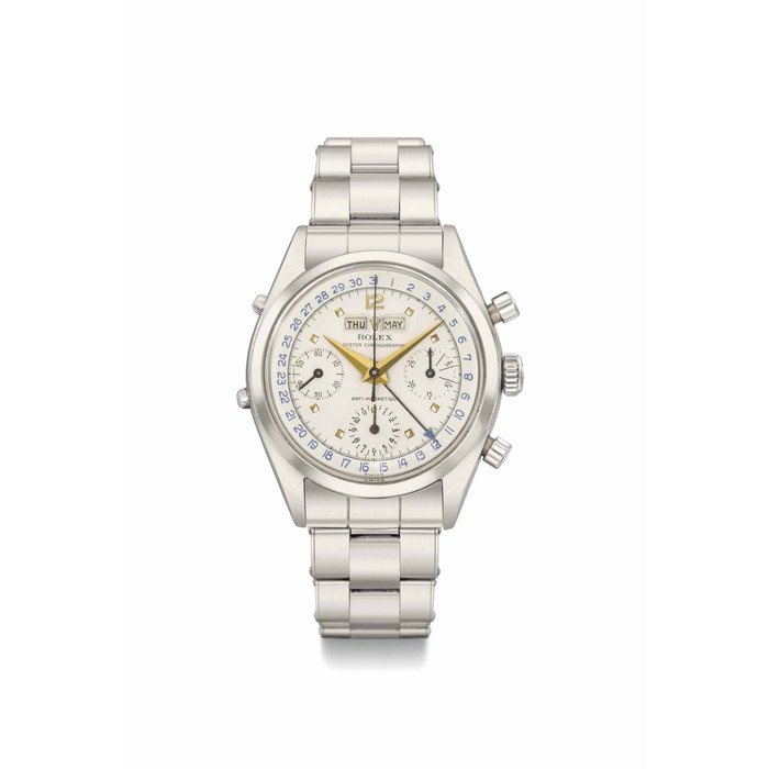 Rolex. A fine, rare and attractive stainless steel triple calendar chronograph wristwatch with two-tone silvered dial SIGNED ROLEX, OYSTER CHRONOGRAPH, ANTI-MAGNETIC, REF. 6236, CASE NO. 384'255, CIRCA 1958