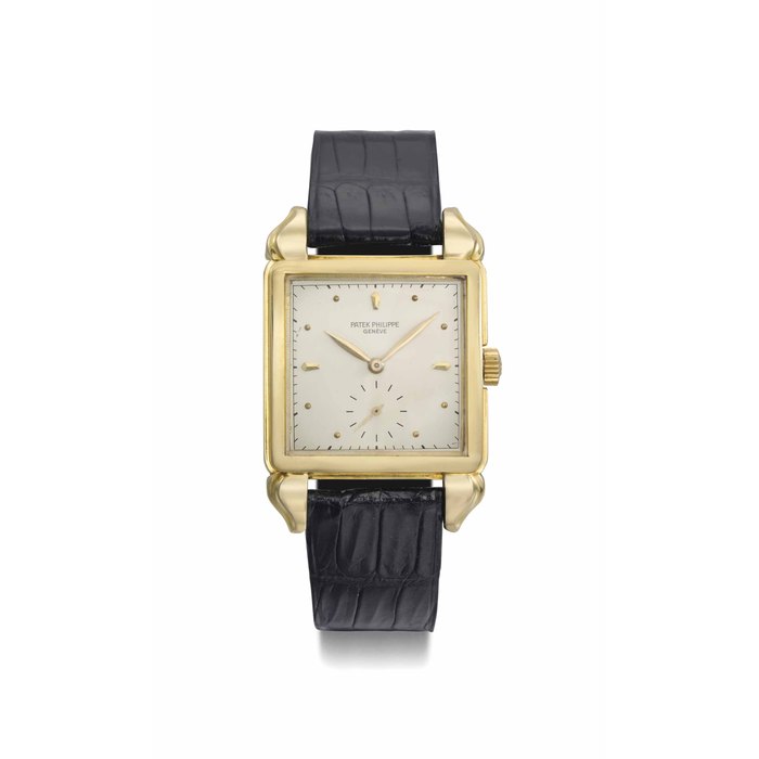 Patek Philippe. A fine and unusual 18K gold square wristwatch with fancy lugs and original certificate SIGNED PATEK PHILIPPE, GENÈVE, REF. 2424, MOVEMENT NO. 958'003, CASE NO. 669'113, MANUFACTURED IN 1950