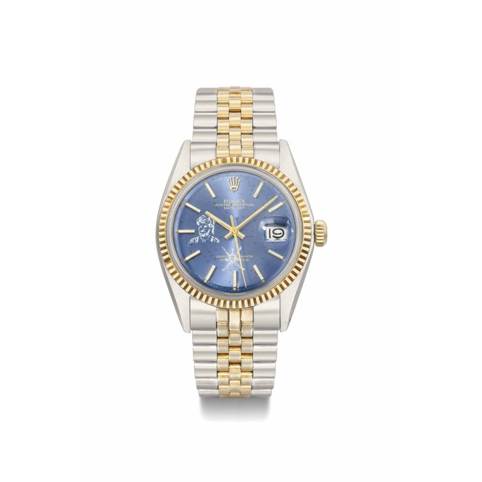 Rolex. An unusual steel and gold automatic wristwatch with sweep centre seconds, date, blue dial with the Khanjar and the portrait of sultan Qaboos, and bracelet SIGNED ROLEX, OYSTER PERPETUAL DATEJUST, REF. 6301, CASE NO. 3'290'704, CIRCA 1972