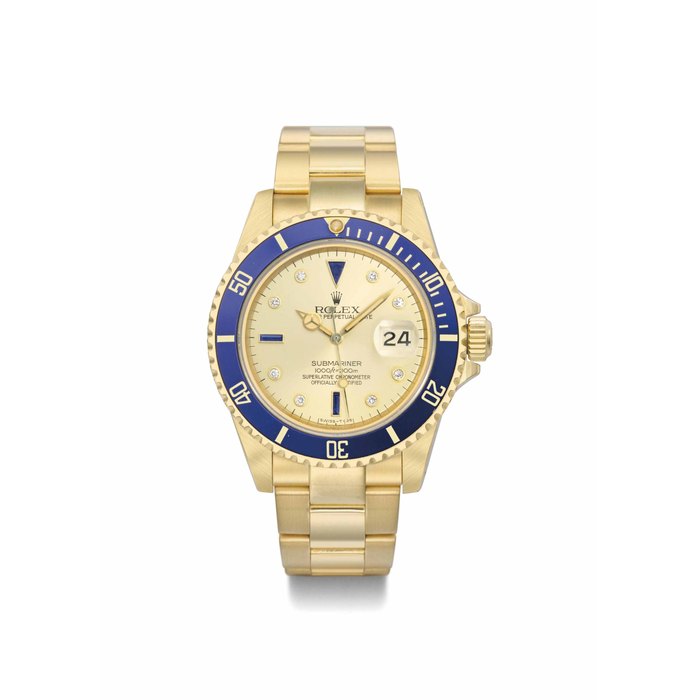 Rolex. A rare and heavy 18k gold automatic wristwatch with sweep centre seconds, date, and bracelet, made for the Sultanate of Oman SIGNED ROLEX, OYSTER PERPETUAL DATE, SUMBARINER, 1000FT=300M, SUPERLATIVE CHRONOMETER OFFICIALLY CERTIFIED, REF. 16808, CASE NO. 8'800'722, CIRCA 1985