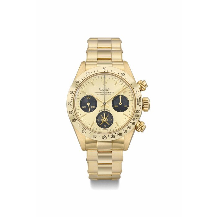 Rolex Rolex. An extremely rare and very fine 18K gold chronograph wristwatch with champagne dial, bracelet, original Guarantee and box, made for the Sultanate of Oman SIGNED ROLEX, OYSTER, COSMOGRAPH, REF. 6265, CASE NO. 6'250'508, MANUFACTURED IN 1980 · 6265