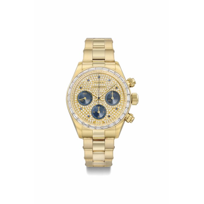 Rolex. A very important, extremely rare and highly attractive 18K gold, diamond and sapphire-set chronograph wristwatch with bracelet SIGNED ROLEX, COSMOGRAPH, REF. 6270/6263, CASE NO. 8'439'969, MANUFACTURED IN 1985