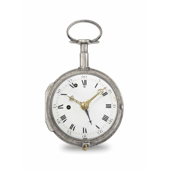 German. A silver two train quarter repeating coach watch with alarm UNSIGNED, CIRCA 1790
