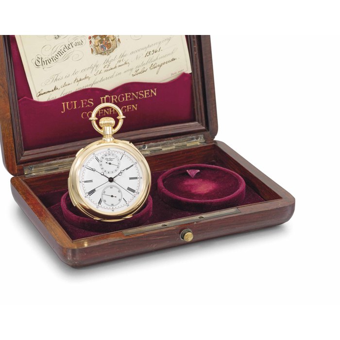Jules Jürgensen. A fine and rare 18K gold openface minute repeating split seconds chronograph keyless lever watch with original certificate and box SIGNED JULES JÜRGENSEN, COPENHAGEN, NO. 15361, MANUFACTURED IN 1902