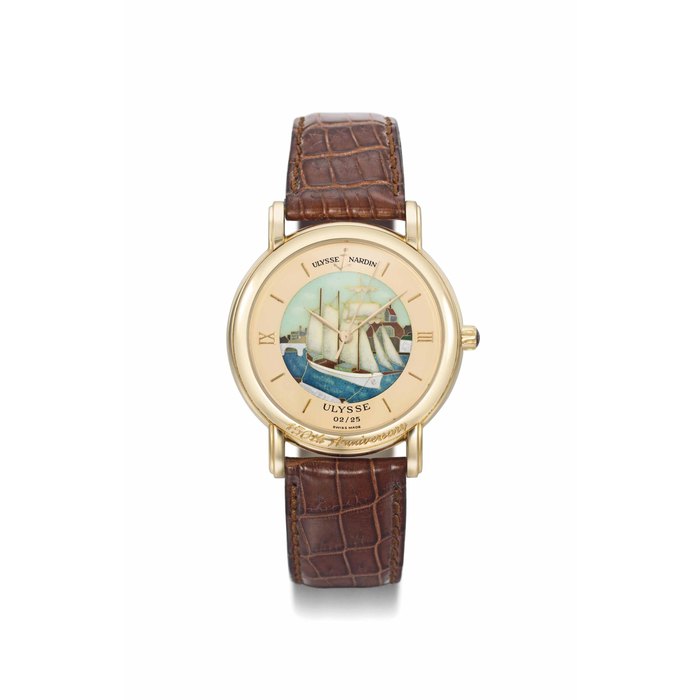 Ulysse Nardin. A fine 18K gold limited edition automatic wristwatch with sweep centre seconds and enamel dial SIGNED ULYSSE NARDIN, SAN MARCO ULYSSE, 150TH ANNIVERSARY, NO. 02/25, REF. 136-77-9, MOVEMENT NO. 13.14.11863, CIRCA 1996