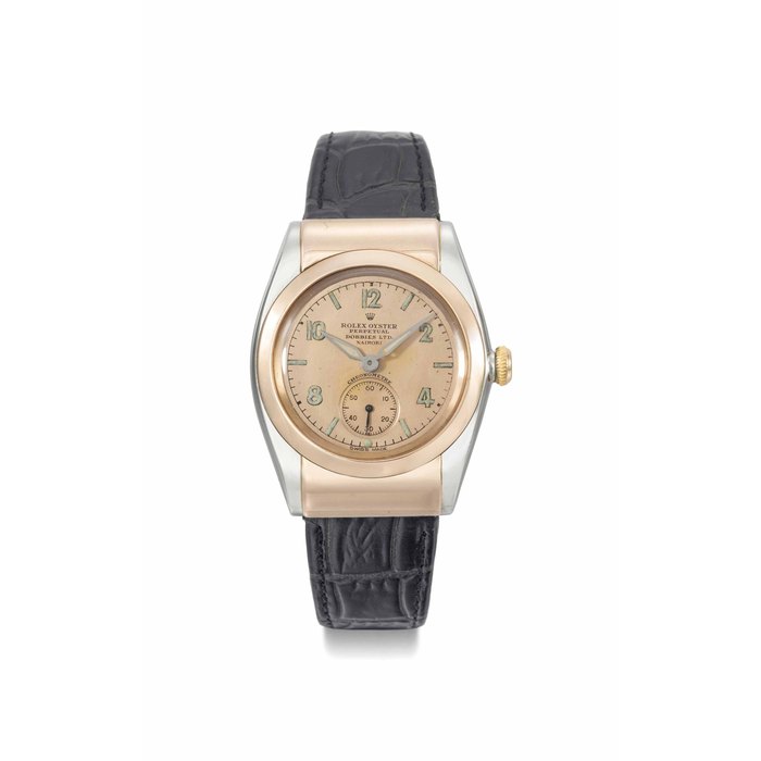 Rolex. A fine and rare stainless steel and 18K pink gold automatic bubble back wristwatch with pink dial, hooded lugs and box SIGNED ROLEX, OYSTER PERPETUAL, CHRONOMÈTRE, RETAILED BY DOBBIES LTD., NAIROBI, REF. 3064, CASE NO. 282'453, CIRCA 1940