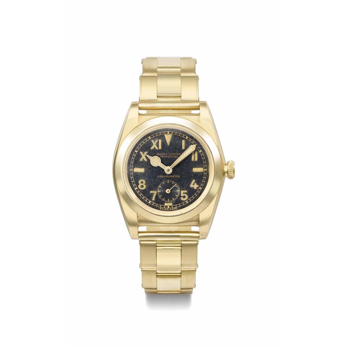 Rolex. A very rare and attractive 18K gold automatic bubble back wristwatch with black lacquer California dial and bracelet SIGNED ROLEX, OYSTER PERPETUAL, CHRONOMETER, REF. 3130, CASE NO. 1'320, CIRCA 1941