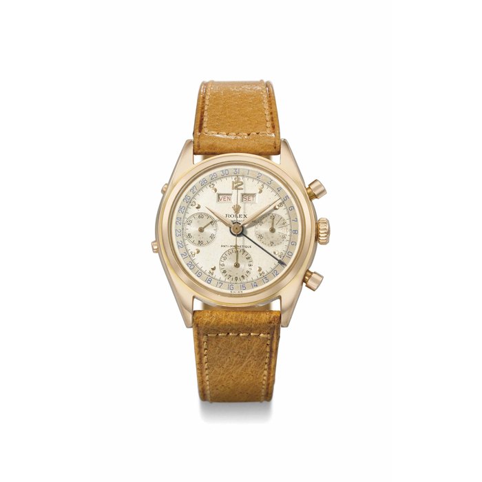 Rolex Rolex. An exceptionally fine and rare 18K pink gold triple calendar chronograph wristwatch with two-tone silvered dial and red calendar indication, made for the Italian market SIGNED ROLEX, OYSTER CHRONOGRAPHE, ANTI-MAGNETIC, REF. 6036, CASE NO. 113'760, MANUFACTURED IN 1955, Price & Market Data