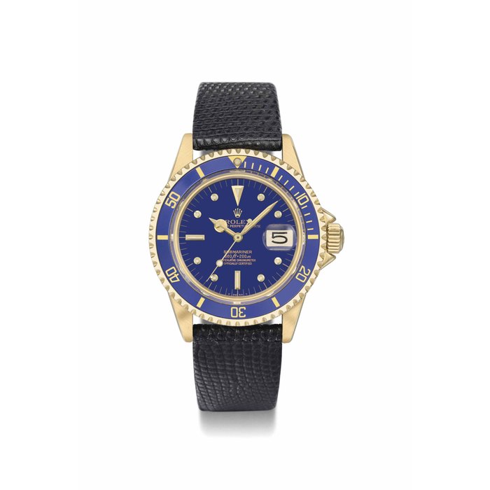 Rolex. An attractive 18K gold automatic wristwatch with sweep centre seconds, date, blue bezel, blue dial and box SIGNED ROLEX, OYSTER PERPETUAL DATE, SUBMARINER, 660FT=200M, REF. 1680/8, CASE NO. 3'142'580, MANUFACTURED IN 1976