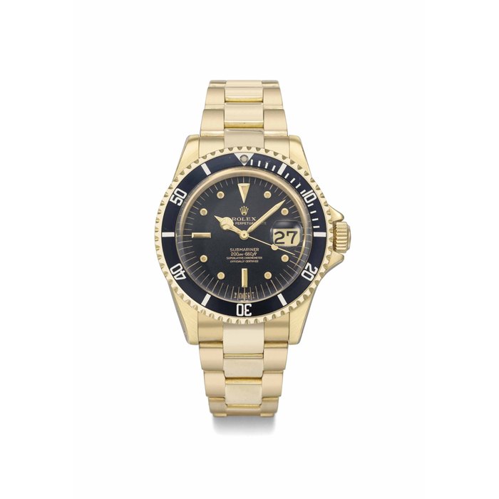 Rolex. An attractive 18K gold automatic wristwatch with sweep centre seconds, date and bracelet SIGNED ROLEX, OYSTER PERPETUAL DATE, SUBMARINER, 200M=660FT, REF. 1680, CASE NO. 2'178'620, MANUFACTURED IN 1969