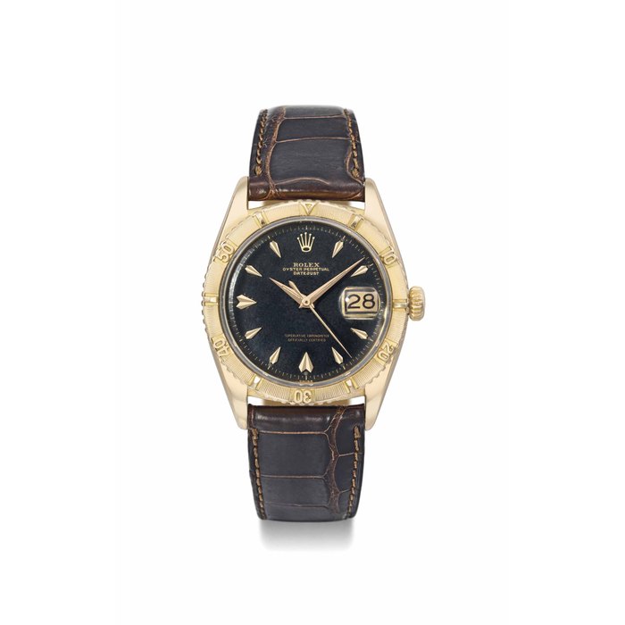 Rolex. A fine and rare 18K pink gold automatic wristwatch with sweep centre seconds, date and black dial SIGNED ROLEX, OYSTER PERPETUAL, DATEJUST, REF. 6609, CASE NO. 157'528, CIRCA 1956