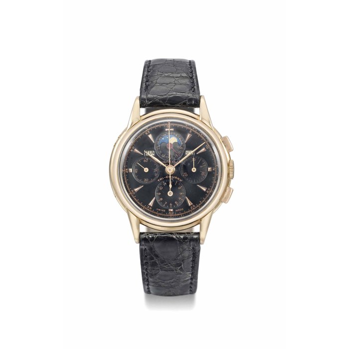 Universal. A rare and attractive 18K pink gold triple calendar chronograph wristwatch with moon phases and black dial SIGNED UNIVERSAL, GENEVE, TRI-COMPAX, REF. 12268, CASE NO. 1'368'326, MANUFACTURED IN 1948