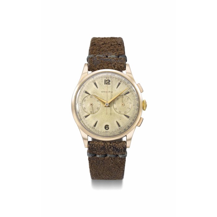 Zenith. An attractive, large and rare 18K gold chronograph wristwatch SIGNED ZENITH, CASE NO. 16'488'487, CIRCA 1950