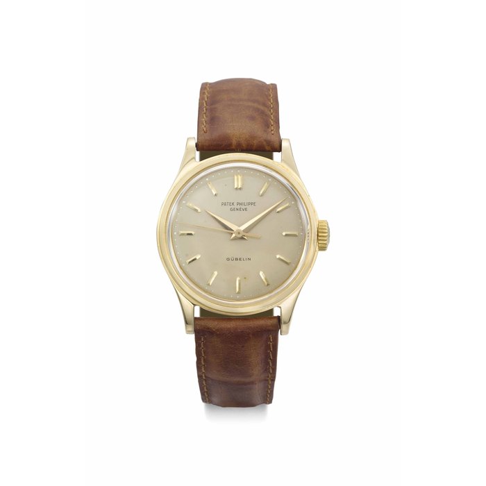 Patek Philippe. A fine and elegant 18K gold wristwatch with sweep centre seconds and champagne dial SIGNED PATEK PHILIPPE, GENÈVE, RETAILED BY GÜBELIN, REF. 2508, CALATRAVA MODEL, MOVEMENT NO. 708'865, CASE NO. 2'613'684, MANUFACTURED IN 1961