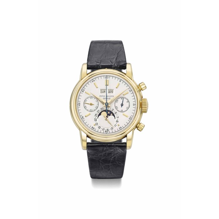 Patek Philippe. A very fine and rare 18K gold perpetual calendar chronograph wristwatch with moon phases and luminous hands SIGNED PATEK PHILIPPE, GENÈVE, REF. 2499, MOVEMENT NO. 868'763, CASE NO. 2'632'513, MANUFACTURED IN 1963