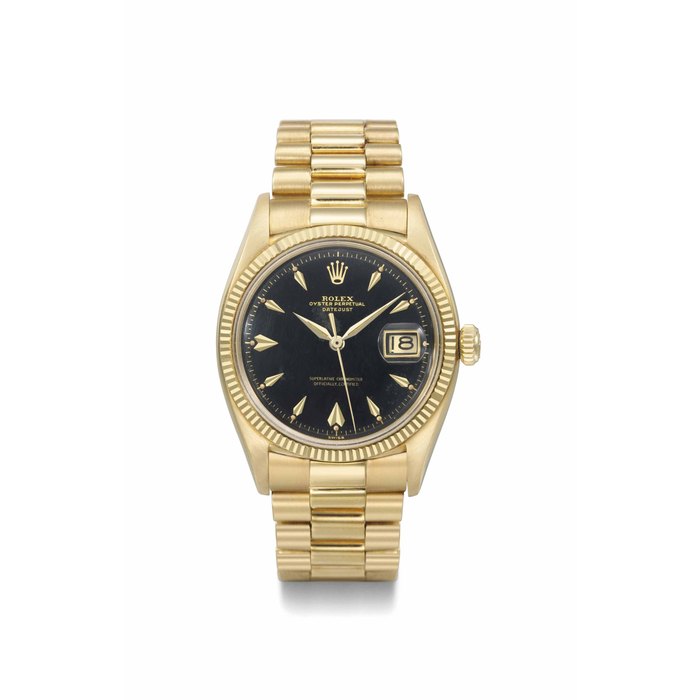 Rolex. A fine and attractive 18K gold automatic wristwatch with sweep centre seconds, date, bracelet and black lacquer dial SIGNED ROLEX, OYSTER PERPETUAL, DATEJUST, REF. 6605, CASE NO. 328'431, CIRCA 1957