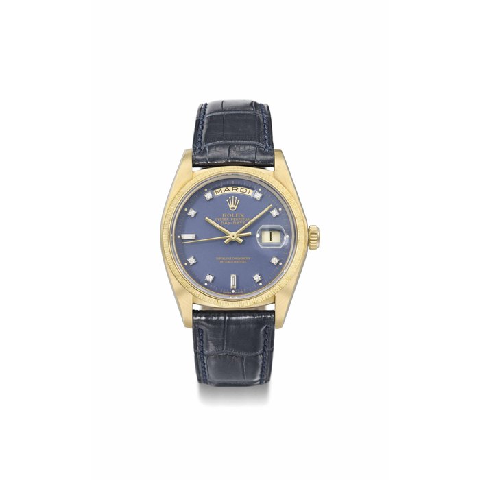 Rolex. A rare and attractive 18K gold and diamond automatic wristwatch with sweep centre seconds, day, date and blue dial SIGNED ROLEX, OYSTER PERPETUAL, DAY-DATE, REF. 18078, CASE NO. 6'116'320, MANUFACTURED IN 1979