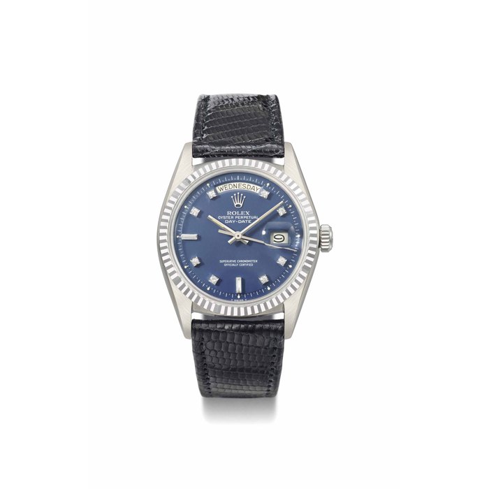 Rolex. A fine 18K white gold and diamond automatic wristwatch with sweep centre seconds, day and date SIGNED ROLEX, OYSTER PERPETUAL, DAY-DATE, REF. 1803, CASE NO. 1'471'393, MANUFACTURED IN 1966