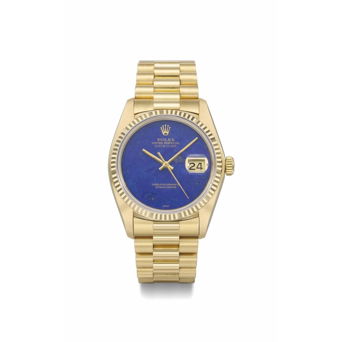 Rolex. A rare and attractive 18k gold automatic wristwatch with sweep centre seconds, date, bracelet and lapis lazuli dial SIGNED ROLEX, OYSTER PERPETUAL, DATEJUST, REF. 16018/16000, CASE NO. 5'216'224, MANUFACTURED IN 1977