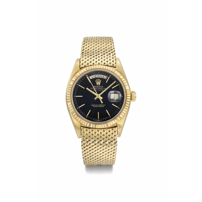 Rolex. An attractive 18K gold automatic wristwatch with sweep centre seconds, day, date, black lacquer dial and bracelet SIGNED ROLEX, OYSTER PERPETUAL, DAY-DATE, REF. 1803, CASE NO. 1'620'087, CIRCA 1967