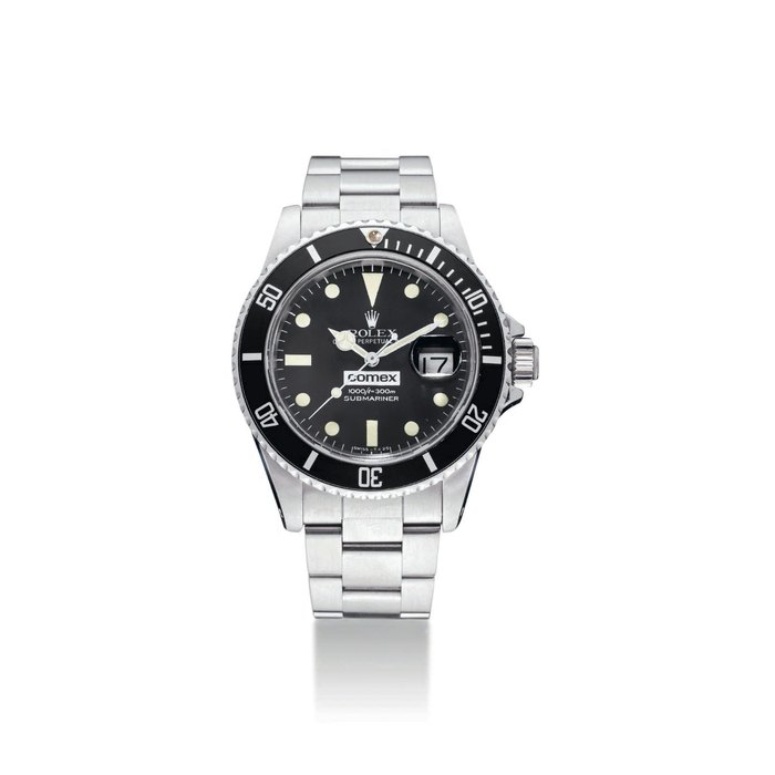 Rolex. A rare stainless steel automatic wristwatch with sweep centre seconds, date, bracelet, original Guarantee, box and anchor, made for COMEX SIGNED ROLEX, OYSTER PERPETUAL DATE, SUBMARINER, 1000FT=300M, REF. 16800, CASE NO. 7'276'727, CIRCA 1982
