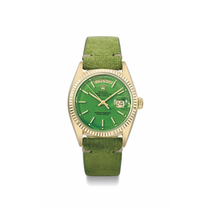 Rolex. An attractive 18K gold automatic wristwatch with sweep centre seconds, day, date and green lacquer dial SIGNED ROLEX, OYSTER PERPETUAL, DAY-DATE, REF. 1803, CASE NO. 2'966'571, MANUFACTURED IN 1972