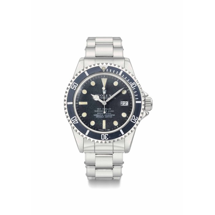 Rolex. An extremely rare stainless steel automatic wristwatch with sweep centre seconds, date, prototype bracelet, and "Patent Pending" back SIGNED ROLEX, OYSTER PERPETUAL DATE, SEA-DWELLER, SUBMARINER 2000, 2000FT=610M, SUPERLATIVE CHRONOMETER OFFICIALLY CERTIFIED, REF. 1665, CASE NO. 2'128'309, CIRCA 1969