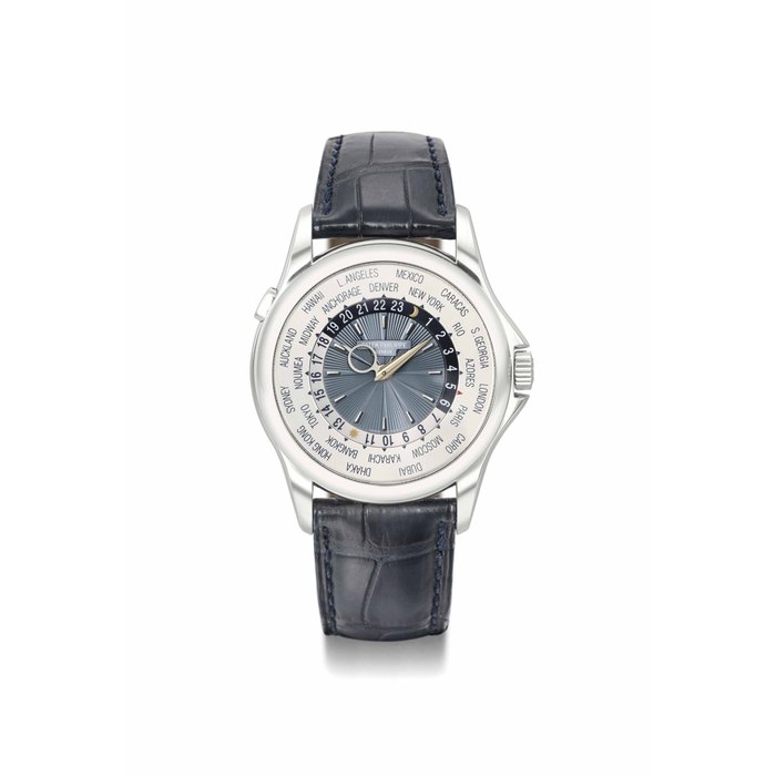 Patek Philippe. A fine platinum automatic World Time wristwatch with original certificate and box SIGNED PATEK PHILIPPE, GENEVE, WORLD TIME MODEL, REF. 5130, MOVEMENT NO. 3'671'730, CASE 4'426'918, CIRCA 2007