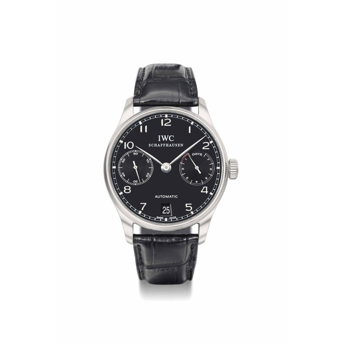 IWC. A large stainless steel automatic wristwatch with 7-day power reserve and date SIGNED IWC, SCHAFFHAUSEN, AUTOMATIC, PORTUGUESE MODEL, REF. IW5001 09, MOVEMENT NO. 2'965'961, CASE NO. 3'186'743, MANUFACTURED IN 2006