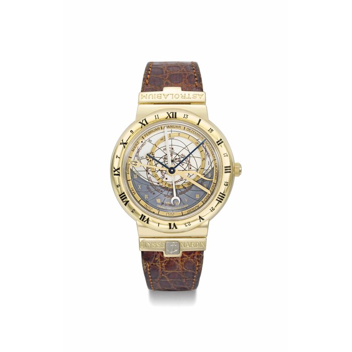 Ulysse Nardin. A fine and rare 18K gold automatic perpetual calendar astronomical wristwatch SIGNED ULYSSE NARDIN, ASTROLABIUM GALILEO GALILEI, NO. 074, REF. 931-22, MOVEMENT NO. 93.4.074, CIRCA 1990
