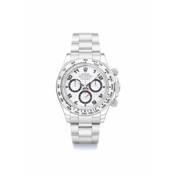 Rolex. A fine 18K white gold automatic chronograph wristwatch with silvered dial, bracelet, Guarantee and box SIGNED ROLEX, OYSTER PERPETUAL, DAYTONA, REF. 116509, CASE NO. D308954, MANUFACTURED IN 2006