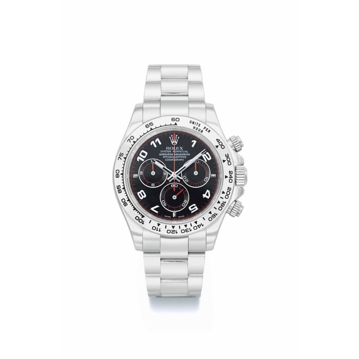 Rolex. An 18K white gold automatic chronograph wristwatch with bracelet, Guarantee and box SIGNED ROLEX, OYSTER PERPETUAL, COSMOGRAPH DAYTONA, REF. 116509, CASE NO. F874165, MANUFACTURED IN 2005
