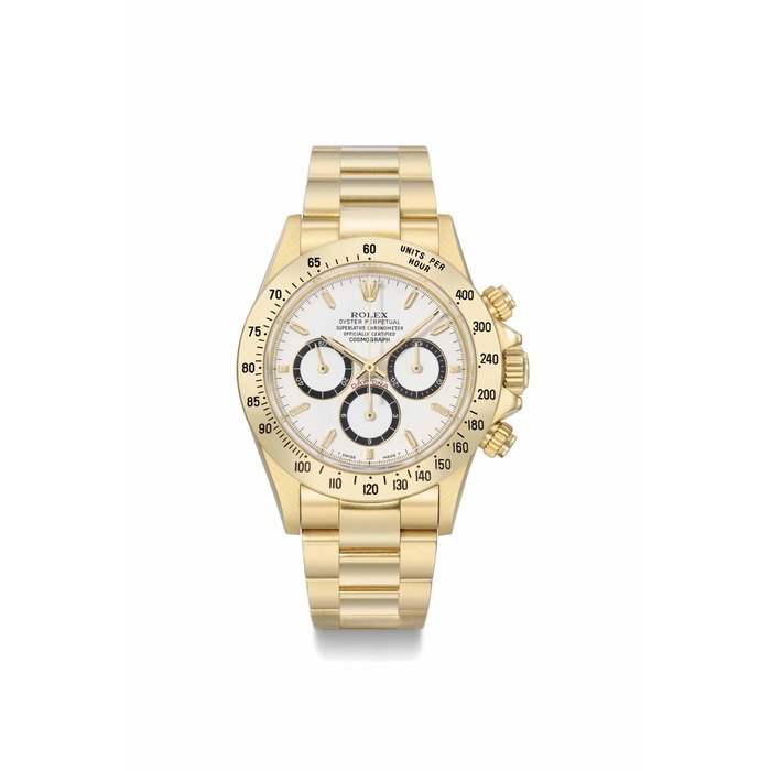 Rolex Rolex. A fine 18K gold automatic chronograph wristwatch with bracelet SIGNED ROLEX, OYSTER PERPETUAL, COSMOGRAPH, DAYTONA, REF. 16528, CASE NO. E322396, CIRCA 1990 · 16528