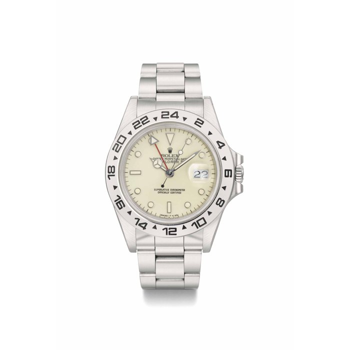 Rolex. A rare stainless steel automatic wristwatch with sweep centre seconds, date, 24 hour hand, bracelet and ivory-coloured "rail" dial SIGNED ROLEX, OYSTER PERPETUAL DATE, EXPLORER II, REF. 16550, CASE NO. 8'399'202, MANUFACTURED IN 1984